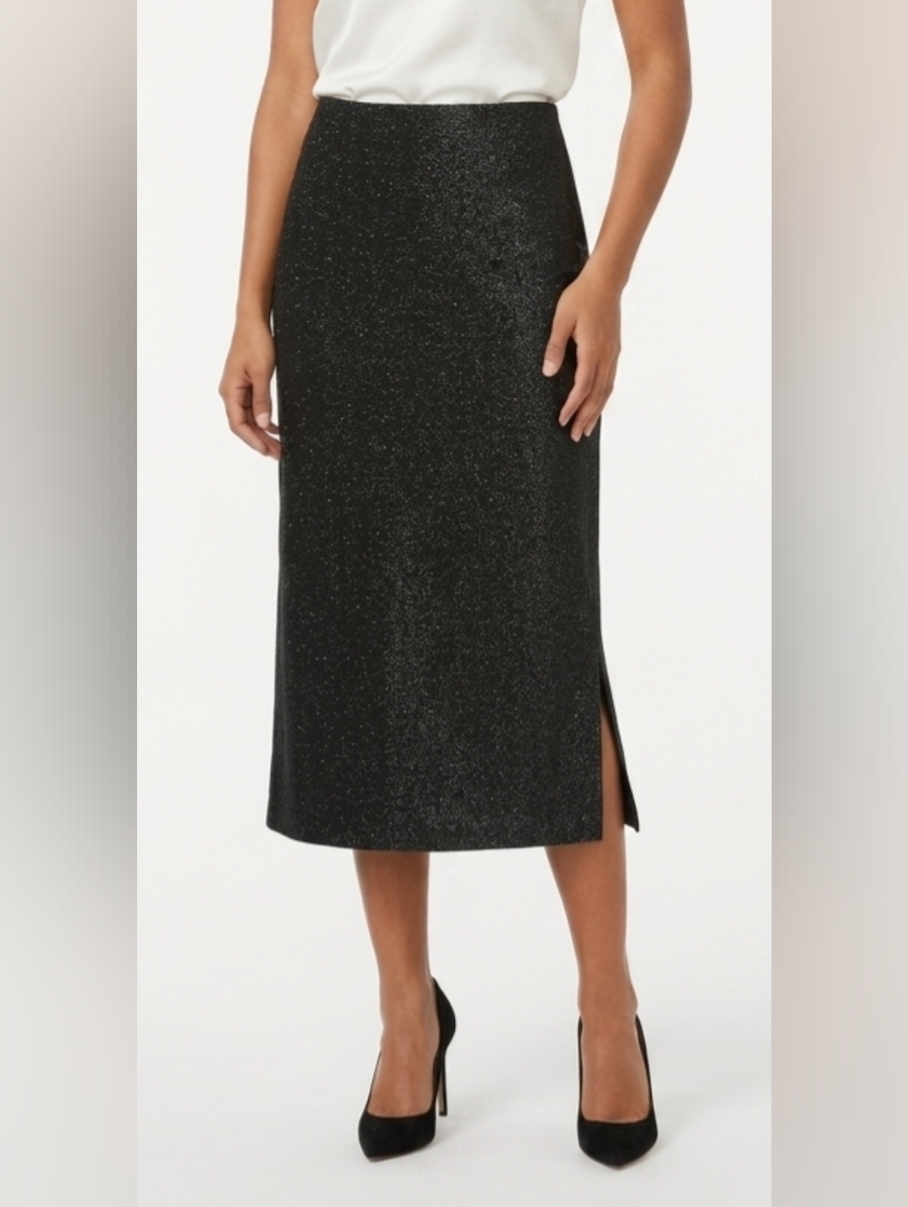 NWT LOFT Black Glitter Midi Skirt with Side Slit Size M